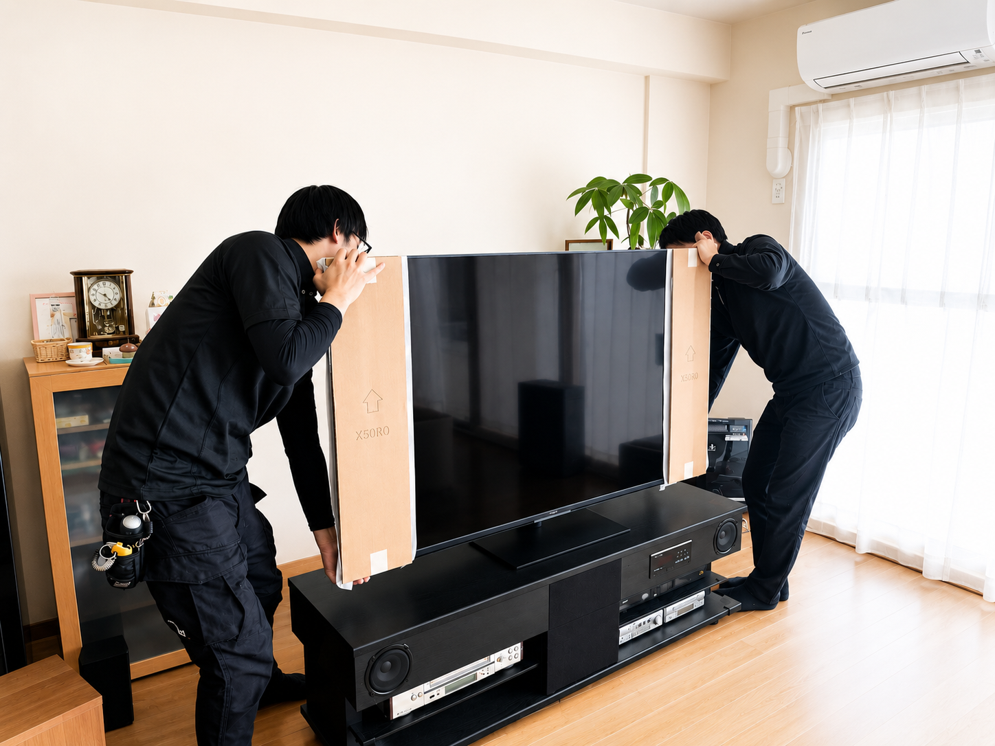 2人1組で大型テレビを搬入・設置